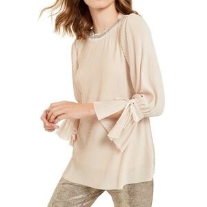 Alfani Women Petite Textured Stripes Embellished Neck Beige Top XL New With Tag
